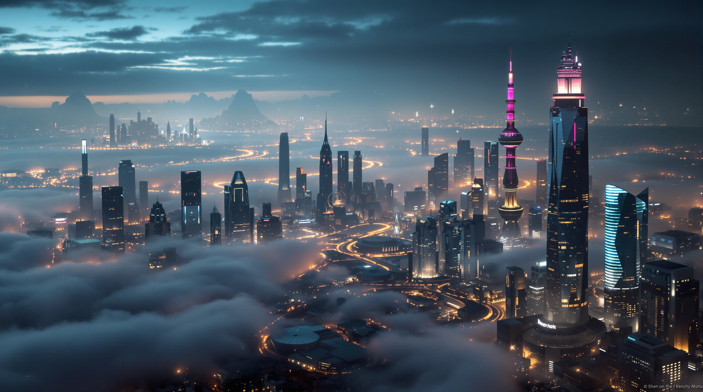 Night Skyline with Air Lanes